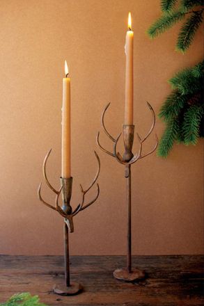Kalalou Set Of Two Forged Rustic Brass Deer Candle Holders