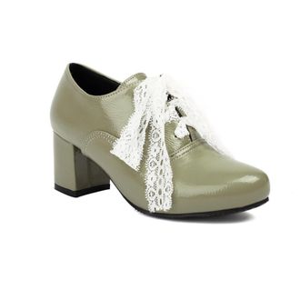 Generic Womens Block Heel Pumps Patent Glossy Upper Lace Tie Detail Round Toe Chunky Heel Slip On Decorative Laces Cushioned Insole Durable Sole Stylish Dress