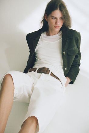 H&M Denim bermuda shorts with belt in Cream at Nordstrom, Size 18