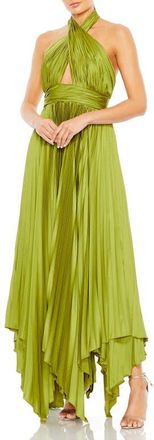 Mac Duggal Crisscross Halter Neck Accordion Pleat Handkerchief Gown in Apple Green at Nordstrom, Size 2