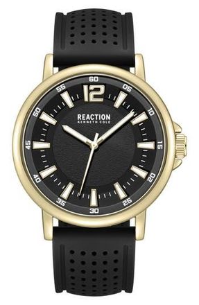 Kenneth Cole Reaction Perforated Silicone Strap Watch, 44mm in Black/Black at Nordstrom Rack