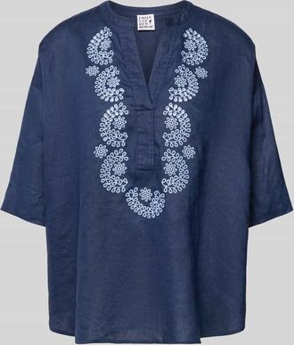 Emily van den Bergh Leinenbluse mit 3/4-Arm und Motiv-Stitching in Marine, Gr&ouml;&szlig;e 36