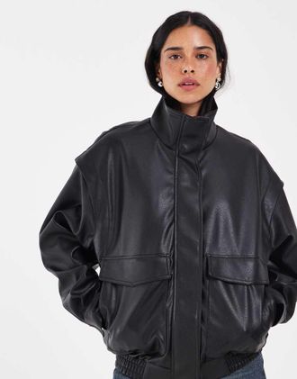 Jack & Jones bomber in pelle PU con collo alto nero