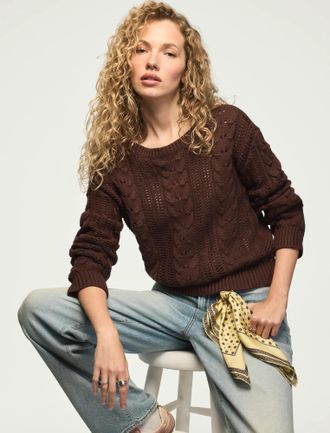 Lucky Brand Womens Open Cable Crew Neck Sweater