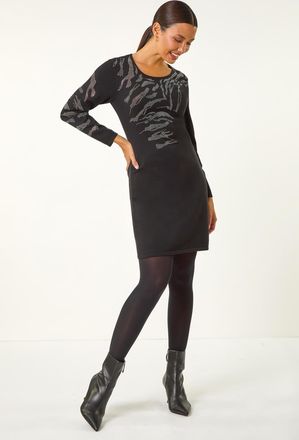 Roman Animal Print Embellished Shift Dress