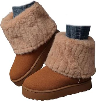 Generic Winter Boots for Women Faux Fur Ankle Snow Boots - Slip On Chunky Sole Round Toe Suede Booties, Non-Slip Casual Shoes (Brown,6.5)