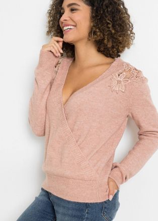 Bonprix Strickpullover BONPRIX, Damen, Gr. 52/54 (XXL), rosa (vintagerosa meliert), Obermaterial: 67% Polyacryl, 30% Polyester, 3% Elasthan. Spitze: 100% Poly