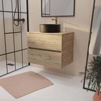 Aurlane Aurlane - Mueble De Ba&ntilde;o 70 Cm Decorado Roble 2 Cajones Lavabo Negro De Sobreponer