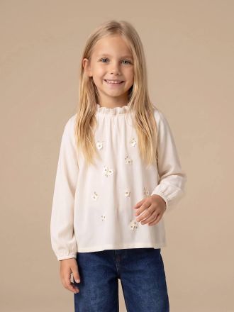 Vertbaudet Lange M&auml;dchenbluse mit Blumenstickerei wollwei&szlig;