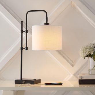 Jonathan Y Designs Edris 24.75 Industrial Designer Metal LED Task Lamp with USB Charging Port, Black