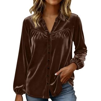 Generic Velvet Tops for Women UK Long Sleeve Button Down Shirts and Blouses Elegant Smart Ladies Velvet Shirt Spring Clothes (S,Brown)