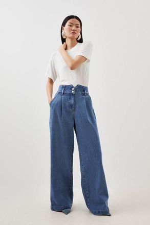Karen Millen Womens Petite Denim Wide Leg Trousers - Blue Cotton - Size 16 UK