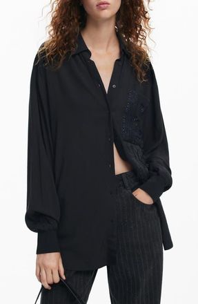 Desigual Cam Sapporo Sequin Fringe Pocket Shirt in Black at Nordstrom, Size Medium
