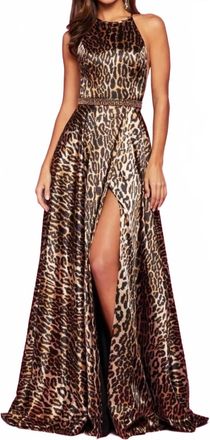 Sherri Hill Satin Halter Gown In Animal Print