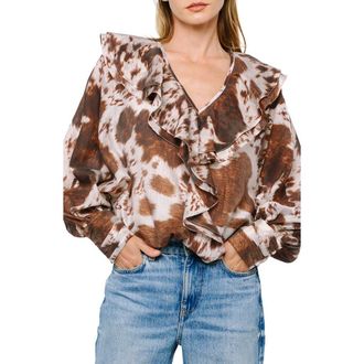 Ciebon Sienna Animal Print Ruffle Top in Brown Multi at Nordstrom, Size X-Small