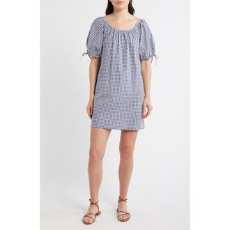 Marine Layer Aleca Gingham Tie Sleeve Minidress in Bay Blue Gingham at Nordstrom, Size X-Large