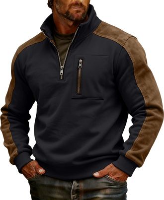 Generic Suede Sweatshirt for Men Warm 1/4 Zip Pullover Causal Stand Collar Long Sleeve Jumpers Comfy Oversize Sweatshirts Fashion Patchwork Tops for Winter In