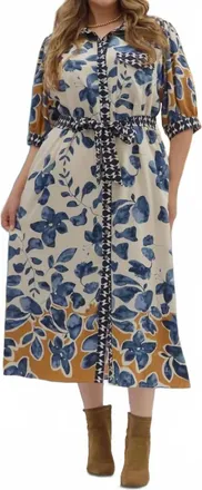 Entro Botanical Midi Shirt Dress With Tie Waist - Plus In Slate Blue