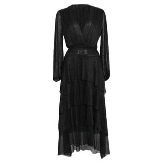 Maje Tiered Metallic Knitted Midi Dress in Black Polyester