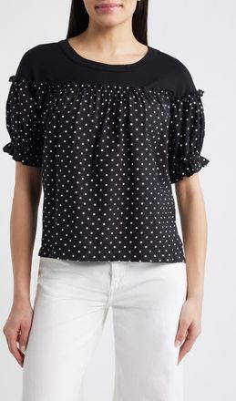 Loveappella Contrast Yoke Puff Sleeve Top in Black/Ivory at Nordstrom, Size X-Small