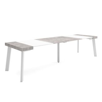 Skraut Home Skraut Home - Mesa Consola Extensible, Mesa Comedor Plegable, 300, Para 14 Comensales, Patas De Madera, Estilo Moderno, Blanco Y Gris Cemento