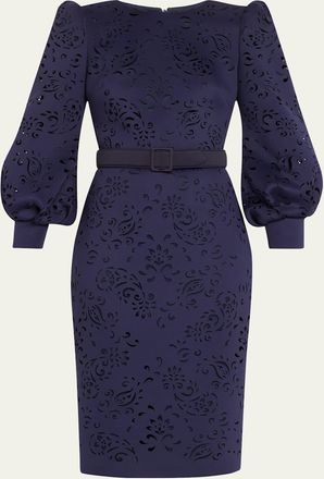 Badgley Mischka Blouson-Sleeve Paisley Cutout Dress