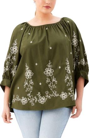 Karen Kane Embroidered Blouson Top in Olive at Nordstrom, Size 1X
