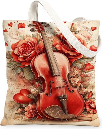 Generic Floral Canvas Tote Bags, Rose Violin Design Reusable Grocery Bags, Spring Vintage Lightweight Washable Shoulder Strap, Red, 13x15 Inch