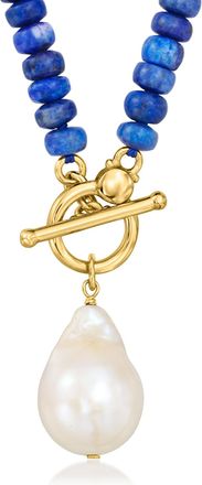Ross-Simons 13-15mm Cultured Baroque Pearl and 4.5-5mm Lapis Bead Toggle Necklace in 18kt Gold Over Sterling
