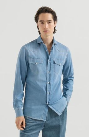 Brunello Cucinelli Lightweight denim western shirt in Light Blue Denim at Nordstrom, Size Xx-Large