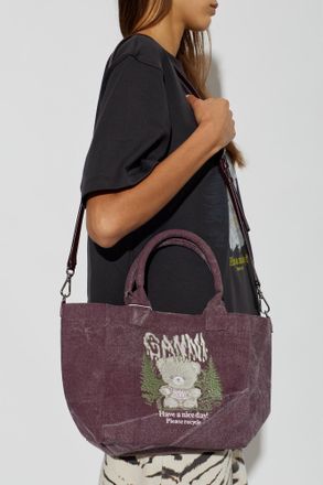 Ganni Cotton Bag With Embroidery, Womens, Burgundy