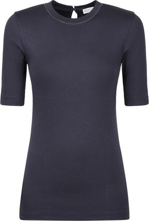 Brunello Cucinelli Ribgebreide T-shirt met ronde hals - Dames - T-shirts - Blauw - XS - Katoen - Tops