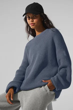Alo | Domain Rib Knit Crewneck Sweater Top in Bluestone, Size: Large