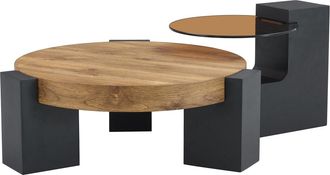 Urban Meuble Mesa de centro redonda de 2 niveles, efecto madera y cristal marr&oacute;n