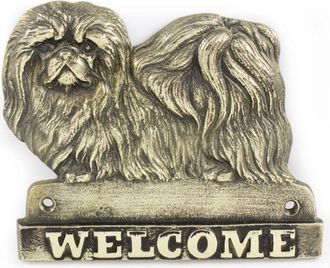 OEM Pekin&eacute;s: Un Cartel Para Puerta Con Un Perro, Una Placa De Bienvenida De Lat&oacute;n, Un Cartel &Uacute;nico Con La Palabra Bienvenido De Art-dog