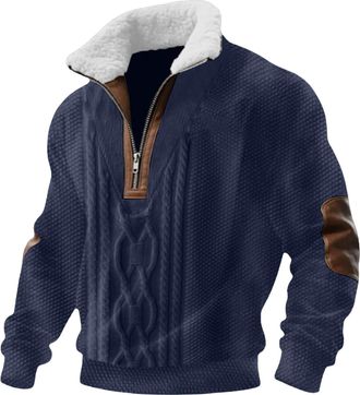 Generic Sweatshirts for Men UK - Mens Fleece-Lined Quarter Zip Cadet Collar Sweatshirt, Knitted-Texture Print Warm Casual, Soft Comfortable Versatile for Wint