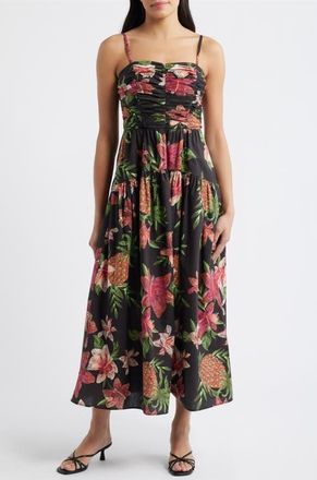 Vince Camuto Floral Cotton Midi Dress in Black Multi at Nordstrom, Size 16