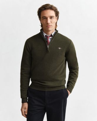 GANT Men Superfine Lambswool Half-Zip Sweater (XXXL) KHAKI GREEN MELANGE
