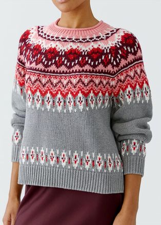 Oui Fair Isle Sweater Top In Grey/red