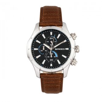 Breed Lacroix Chronograph Watch, Silver/Brown Leather Strap, 47mm