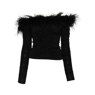 Self Portrait Long Sleeve T-Shirts, female, Black, S, Feather Ruched Top