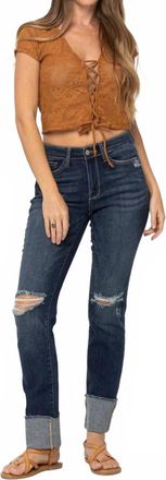 Judy Blue Mid Rise Minimal Destroy Straight Jeans In Denim