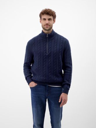 Lerros Strickpullover LERROS Troyer mit Zopfmuster - Klassik trifft Coolness, Herren, Gr. 3XL, classic navy, 88% Wolle, 12% Kaschmir, ohne Ausschnitt, Pullov