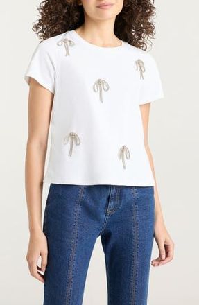 Cinq &agrave; Sept Rhinestone Bow Embellished Cotton Shrunken Tee in White at Nordstrom Rack, Size X-Small