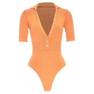 Jacquemus Le Body Yauco orange ribbed knit plunge polo bodysuit top FR36 S