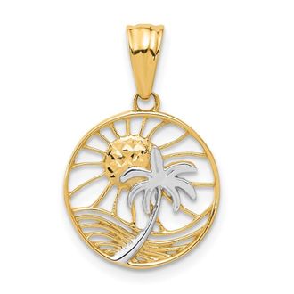 Diamond2Deal 14k Yellow Gold with White Rhodium Ocean and Palm Tree Round Pendant