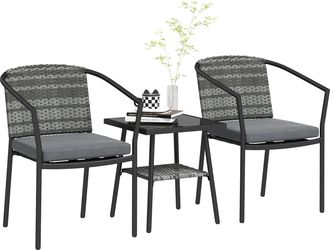 OUTSUNNY 3 PCS Rattan Bistro Set with Cushions Glass Top Coffee Table and Chairs | TJ Hughes