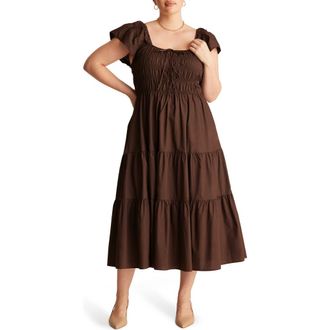 Estelle Alana Smocked Fit & Flare Cotton Tiered Midi Dress in Truffle at Nordstrom, Size 18W