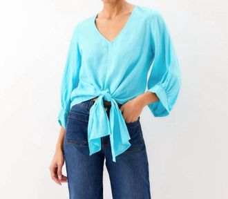 Karen Kane Blouson Sleeve Linen Tie-Front Top In Aqua