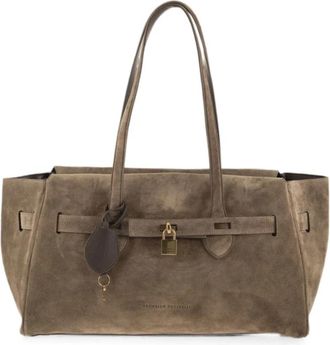 Brunello Cucinelli Su&egrave;de Schoudertas met Slotdetail - Dames - Shoppers - Beige - ONE Size - Su&egrave;de - Tassen